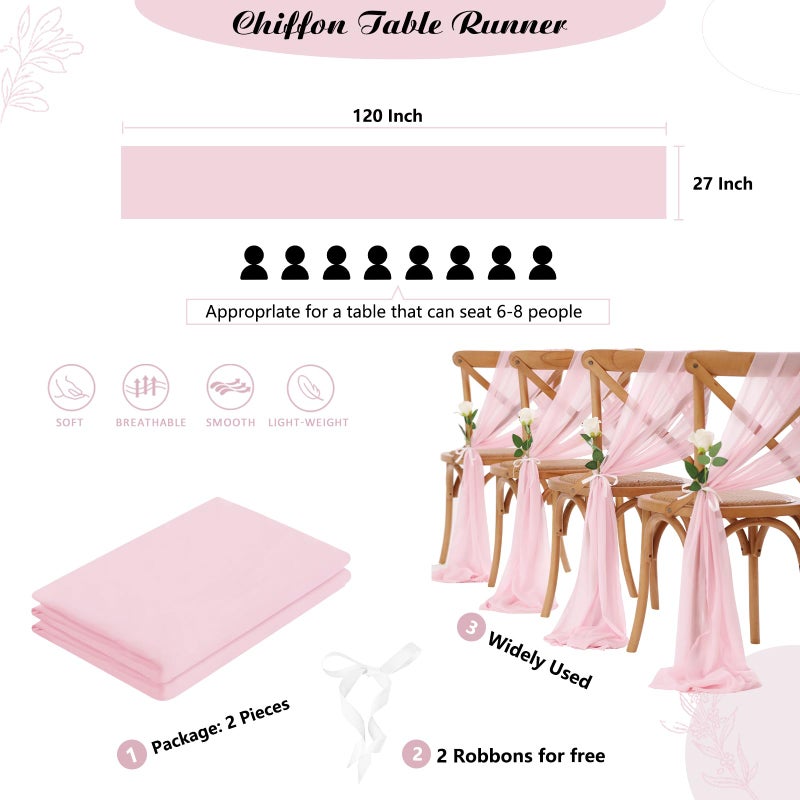 SoarDream Chiffon Table Runner 27x120 Inches Sheer Pink Table Runners 2 Packs 10Ft Romantic Fabric for Rustic Wedding Party Birthday Arch Decoration - Image 5